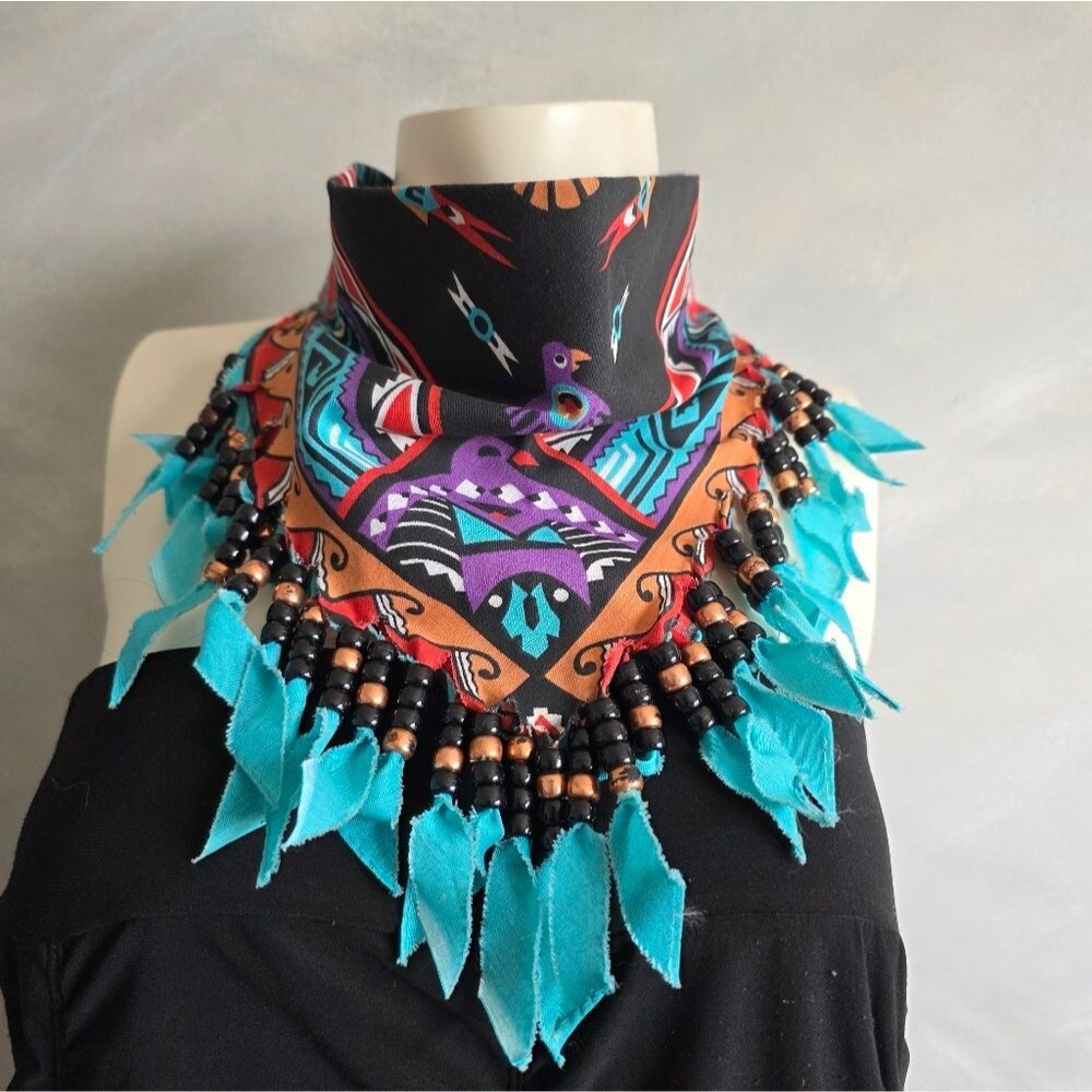 Vintage Handmade Beaded Bandana Southwest Print Fringed Neck Scarf Festival - Picture 2 of 9